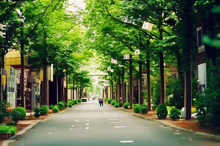 A colorful street with unique architecture and street art, surrounded by greenery and nature.