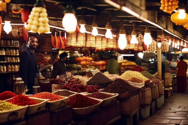 A photo of a bustling market with colorful textiles, spices, and exotic fruits on display, set against a backdrop of winding streets and ornate architecture.