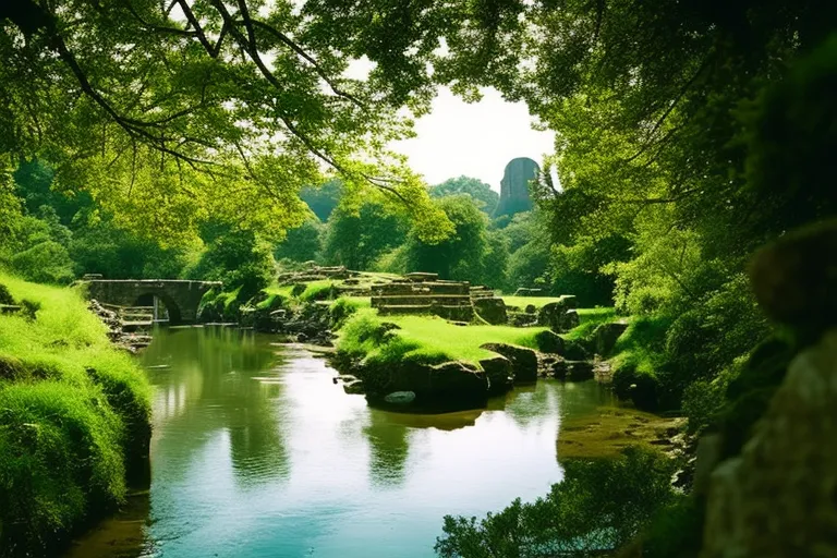 A photo of a landscape featuring a river flowing through lush greenery and surrounded by ancient ruins and artifacts.