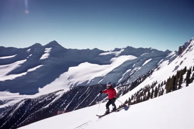 A snowy mountain peak stands majestically in the background as a skier glides down a slope in vibrant winter gear.