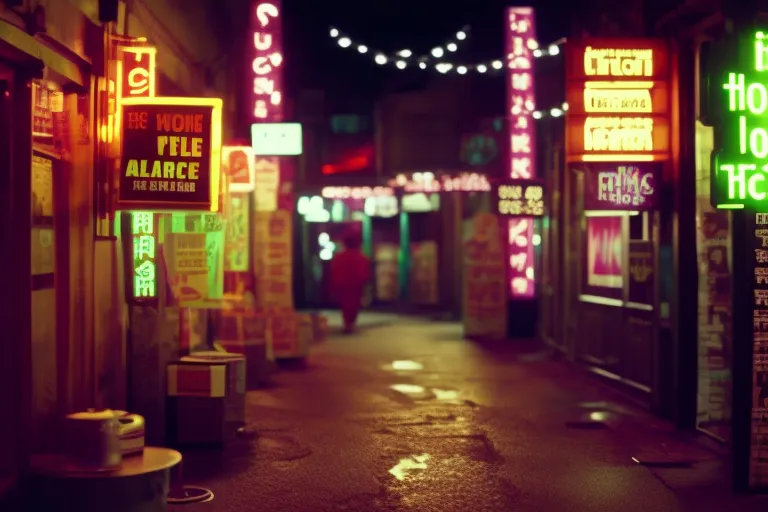A neon-lit alleyway with various colorful signs and posters advertising different types of drinks and music.