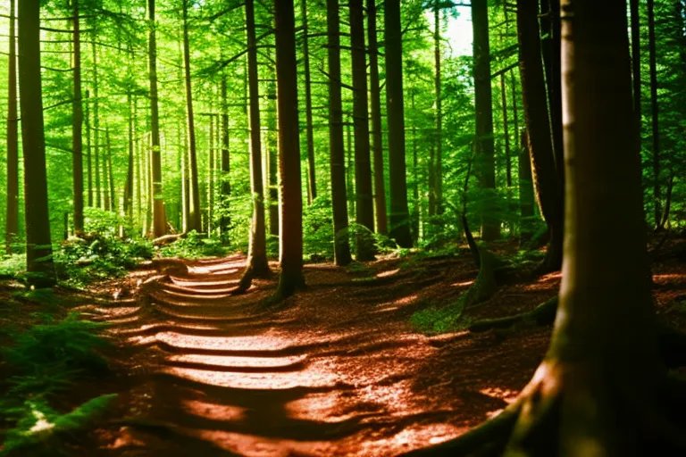 A serene forest path with sunlight filtering through the trees, leading to a clearing where a variety of colorful birds are perched on branches and flitting around.