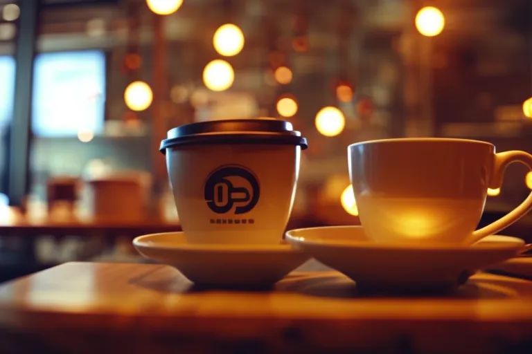 A photo of a cozy coffee shop with warm lighting, wooden tables, and plants placed all around the space. The focus should be on a large mug of coffee and a notebook with a pen placed on the table.