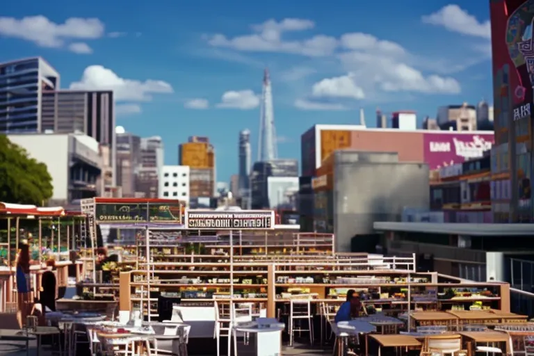 A photo of a beautiful historic building with a modern rooftop bar and pool, surrounded by vibrant street art and colorful market stalls.