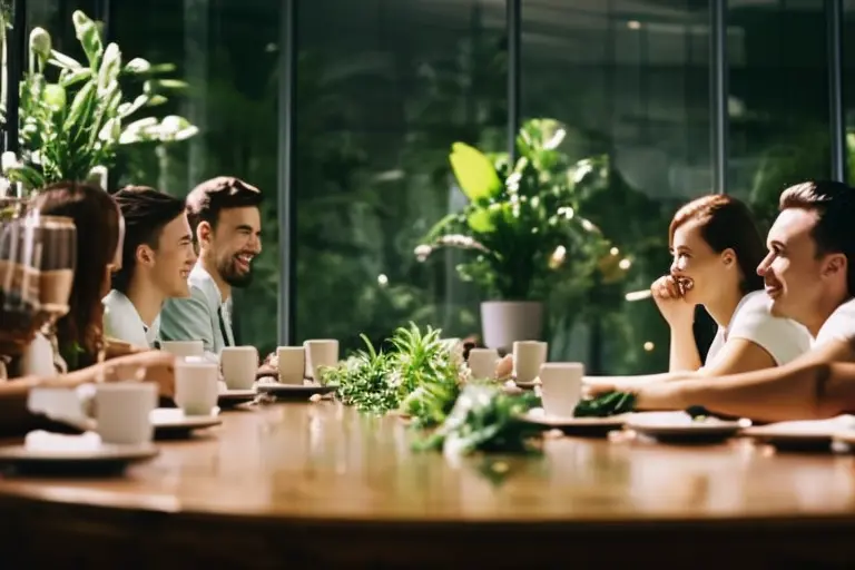 A group of people sitting at a long wooden table, surrounded by green plants and natural light pouring in from large windows.