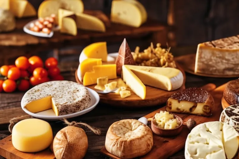 A rustic wooden board with a variety of Georgian cheeses, including Sulguni, Imeruli, Guda, Tushuri, and Kalti. In the background, a small market stall selling more Georgian delicacies.