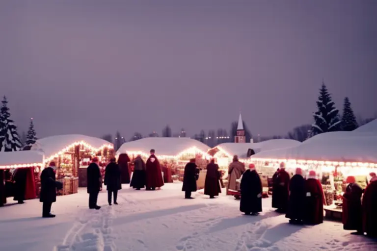 A snowy village square filled with colorful stalls selling handmade crafts and traditional Georgian foods. In the center, a group of people dressed in festive costumes lead a procession with candles and flags.
