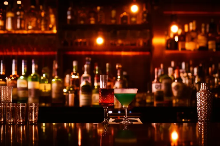 A moody, dimly lit bar with shelves of various colored bottles lining the walls, and a bartender expertly crafting a vibrant cocktail with fresh local ingredients.