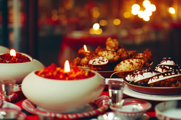 A vibrant and colorful scene, showcasing the essence of Georgian culture through traditional decor, music instruments, and mouth-watering food.