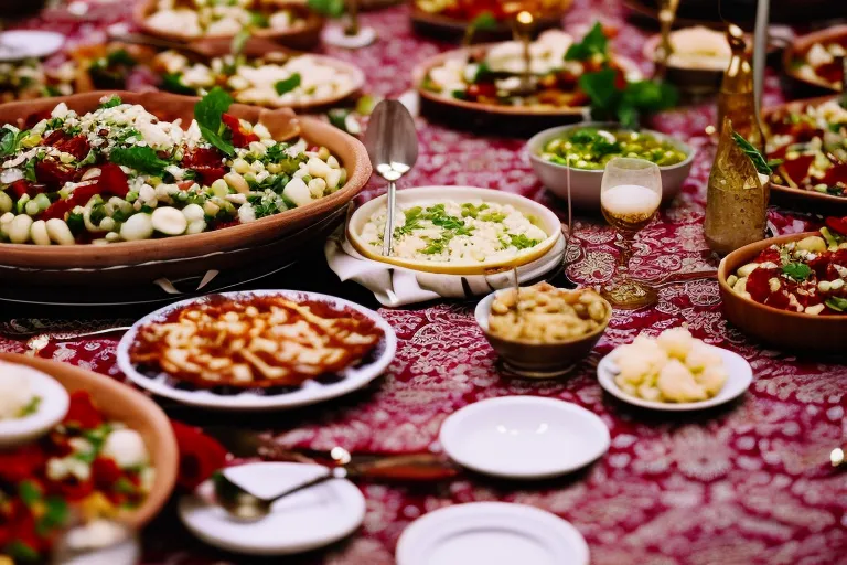 A colorful spread of traditional Georgian dishes arranged on a patterned tablecloth, with intricate silverware and a vibrant floral centerpiece.