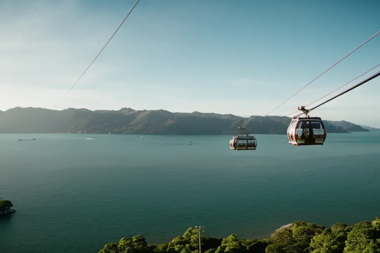 A tranquil scene of lush greenery and calm waters, with a cable car soaring in the distance.