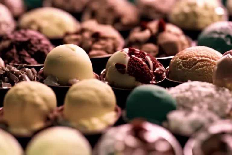 A colorful array of unique ice cream flavors arranged on a reflective surface with a blurred background.