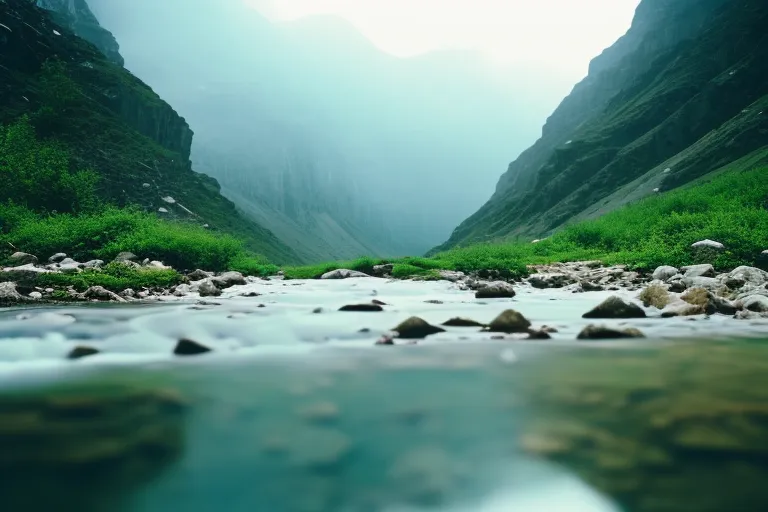 A serene photo of a misty mountain landscape with a clear stream running through it, showcasing the beauty and purity of natural water sources.