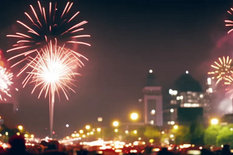 A colorful and vibrant display of lights and fireworks illuminating the night sky above a bustling street filled with food, music, and celebration.