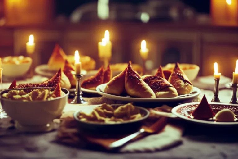 A table is set with Georgian dishes, including Khachapuri, Lobio, Khinkali, Satsivi, and Churchkhela, alongside a bottle of Georgian wine and traditional toasting cups.