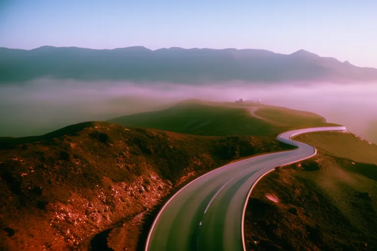 A misty, dreamlike landscape with a winding road leading towards a glowing, ethereal structure in the distance.