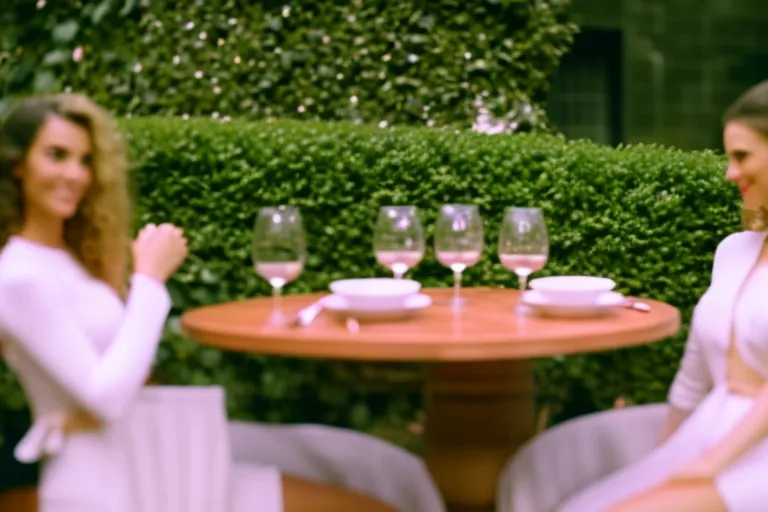 A table for two sits in the middle of a charming courtyard, surrounded by lush greenery and soft lighting. The table is set with elegant dishes and wine glasses, ready for a romantic dining experience.