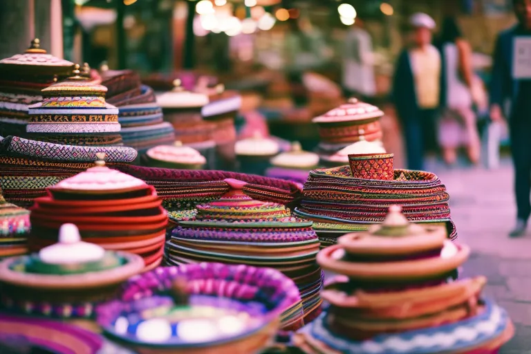 A photo of colorful textiles and pottery displayed on a winding pathway through a bustling outdoor marketplace.