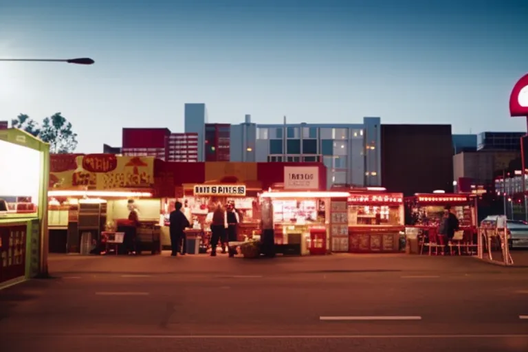 A vibrant and colorful street scene with various food and drink stalls, live music, and art installations.