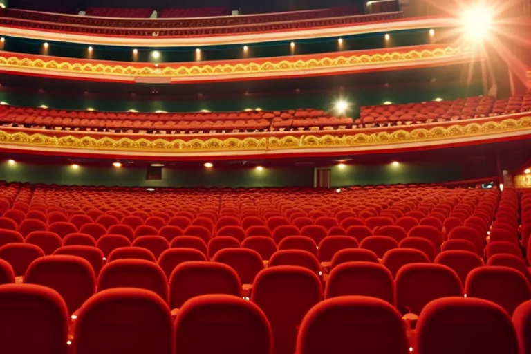 A vibrant and colorful representation of Georgian theater and performing arts, featuring traditional elements and modern techniques, set against a backdrop of abstract shapes and patterns.