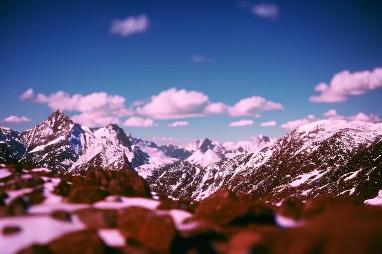 A snowy mountain landscape with vibrant colors and lights in the foreground.