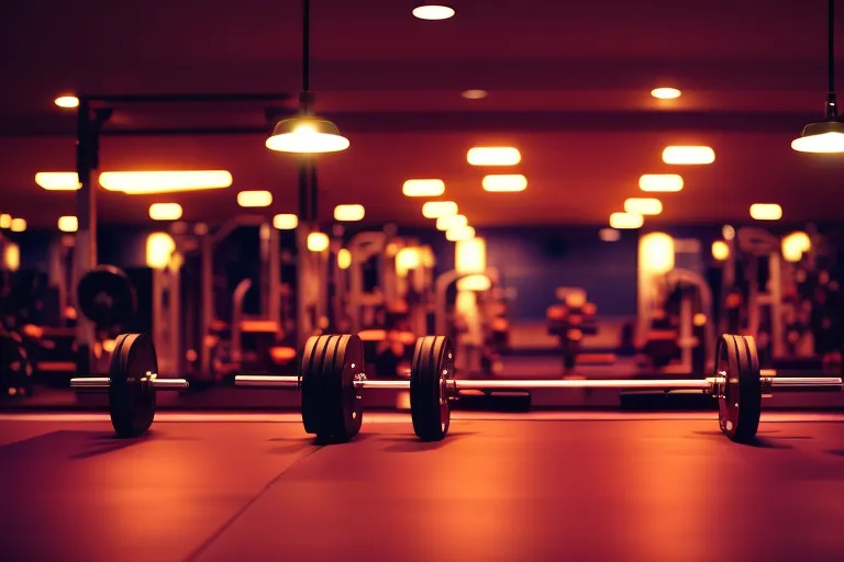 A photo of a modern gym with sleek equipment and colorful lighting, creating an energetic and motivating atmosphere.