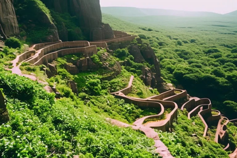 A breathtaking view of a winding trail surrounded by lush greenery and rocky terrain, with a glimpse of an ancient structure in the distance.