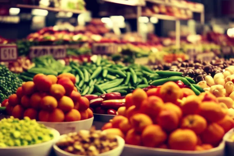 A colorful market scene with various food items arranged in an aesthetically pleasing way.