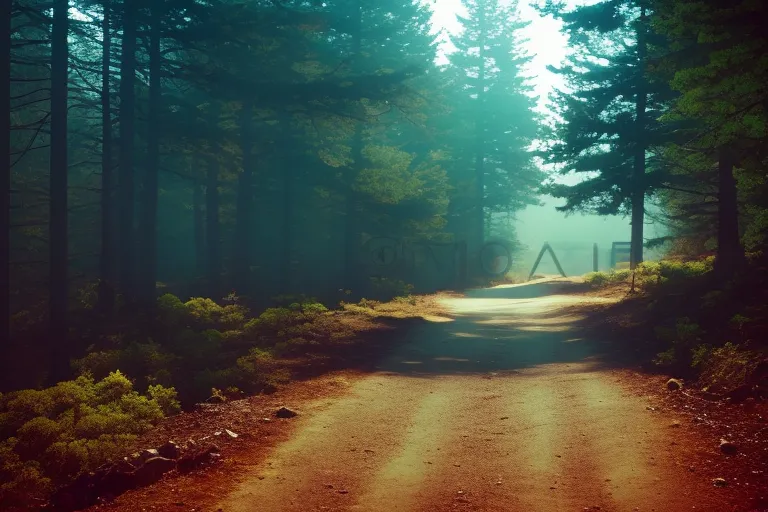 A misty trail winds through a vibrant landscape of trees and foliage, leading towards a distant mountain peak.