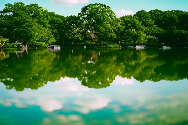 A serene green space with colorful flowers and trees, overlooking a tranquil body of water.