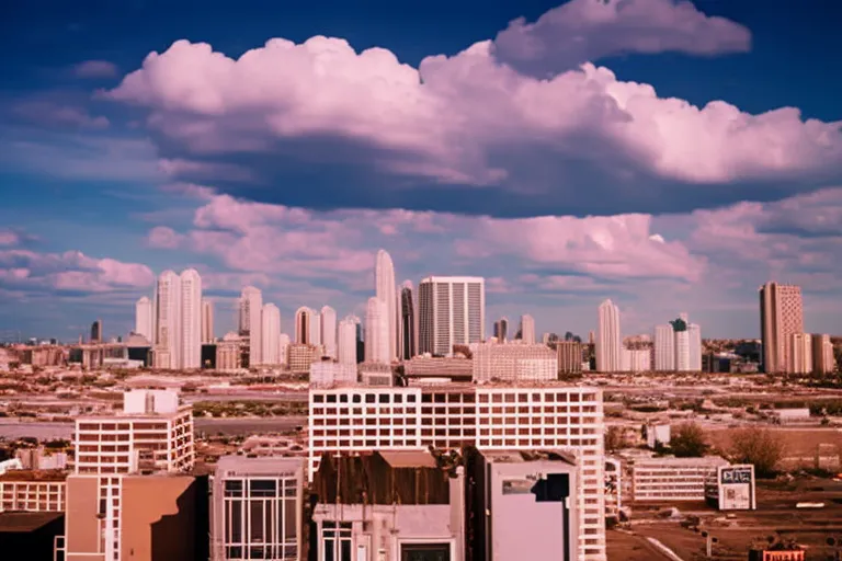 A cityscape featuring contrasting architecture and colorful street art, with a dramatic sky in the background.