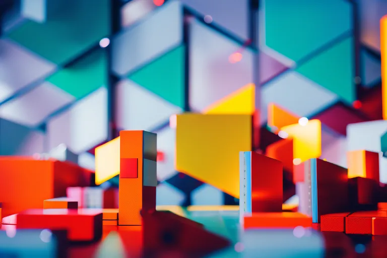 A photo of contrasting geometric shapes and vibrant colors, merging in a chaotic yet harmonious way, creating a sense of movement and energy.