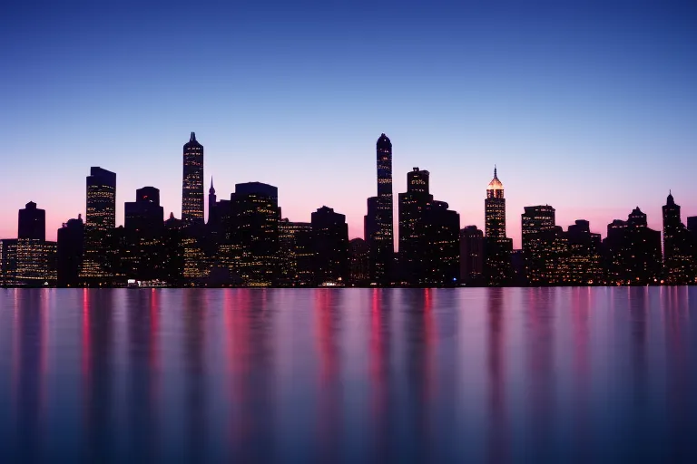 A colorful city skyline at night, with lights reflecting off of a calm body of water in the foreground.