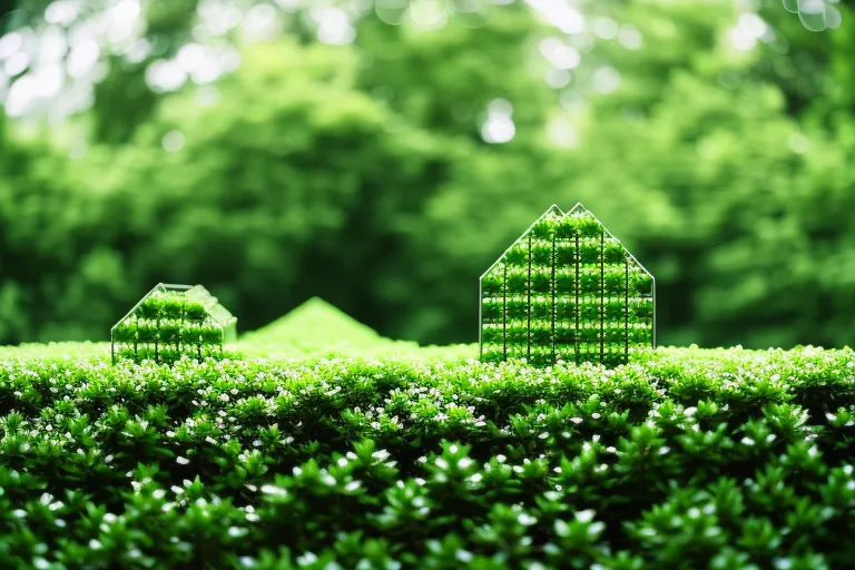 A minimalist photo of a geometric structure surrounded by lush greenery.