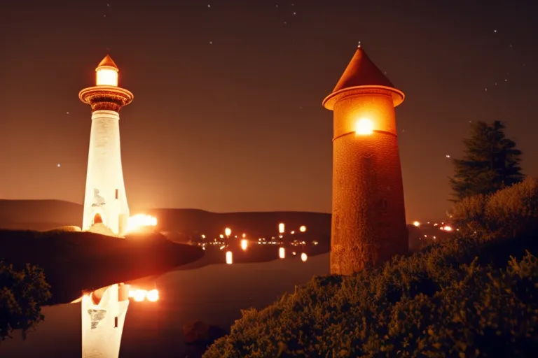 A mystical tower stands tall against a starry night sky, surrounded by a winding river. The only source of light comes from a single lantern at the tower's entrance.