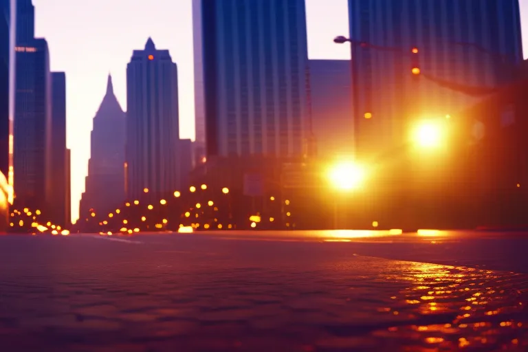 A vibrant, colorful cityscape at sunset, with tall buildings and winding streets leading up to a prominent landmark in the distance.