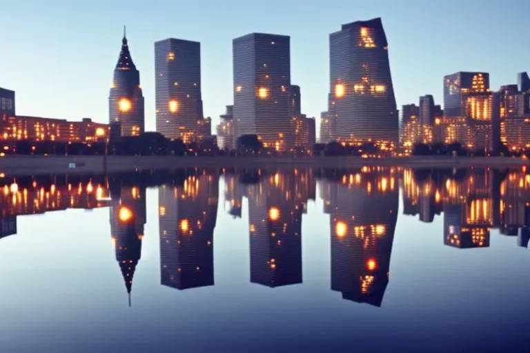 A cityscape with a mix of colorful traditional architecture and modern skyscrapers, reflected in the calm waters of a winding river.