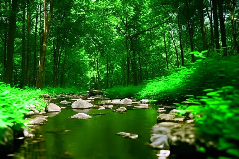 A lush green forest with a small stream running through it, surrounded by various types of wildlife.