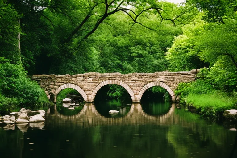 A rustic stone bridge over a babbling creek surrounded by lush greenery and traditional architecture.