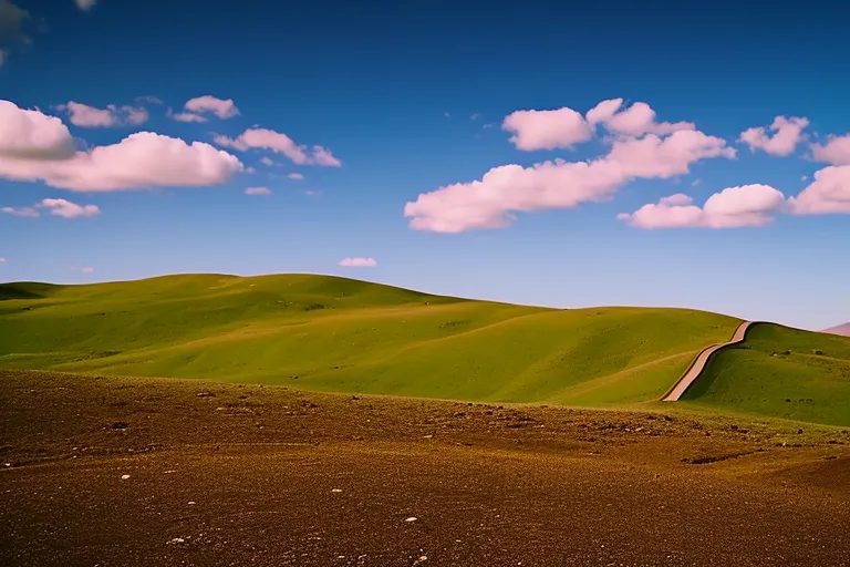 A serene landscape with rolling hills, winding paths, and a clear blue sky. The only visible man-made structure is a small white building in the distance.