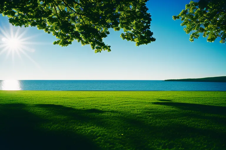 A peaceful scene with a checkered blanket spread out on green grass, surrounded by tall trees and a sparkling blue body of water in the distance.