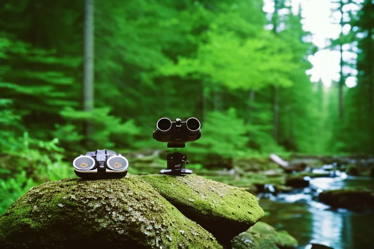 A serene forest with tall trees and a small stream flowing through it, with a pair of binoculars and a bird identification book placed on a rock nearby.