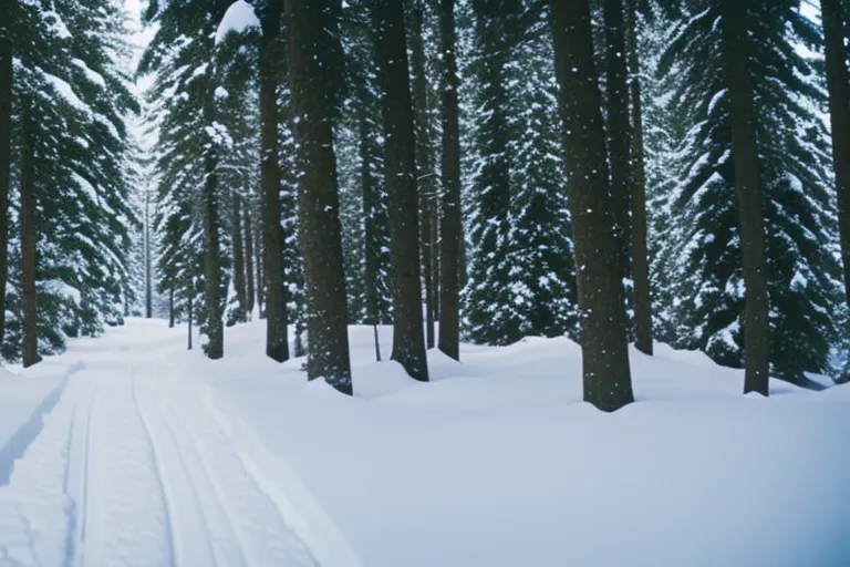 A snow-covered forest trail with cross-country ski tracks winding through the trees.