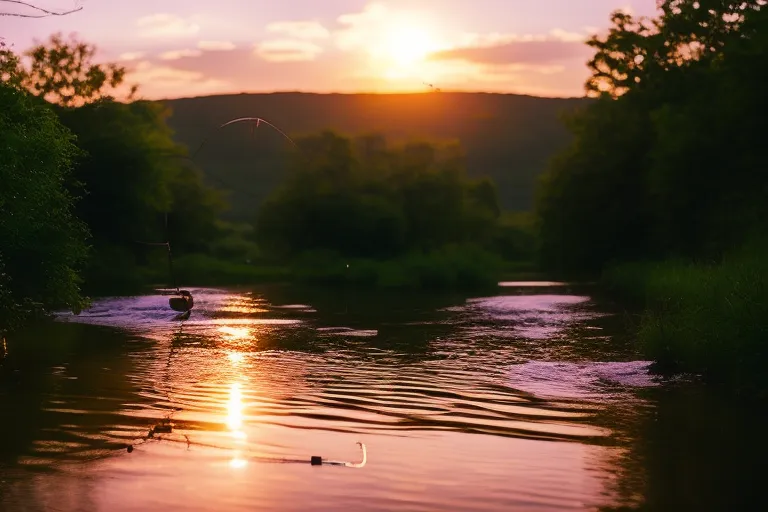 A tranquil river flows through a lush green landscape with fishing gear resting on the bank. The sun sets in the distance, casting a warm glow over the scene.