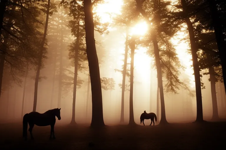 A misty forest clearing with a lone horse grazing in the center, surrounded by the silhouette of tall trees.