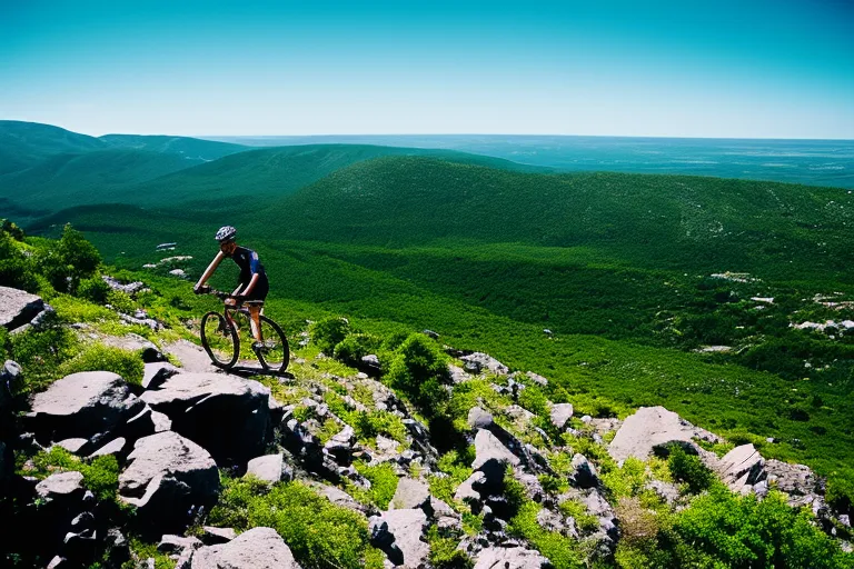 A cyclist navigates a rocky terrain with lush greenery and a clear blue sky in the background.