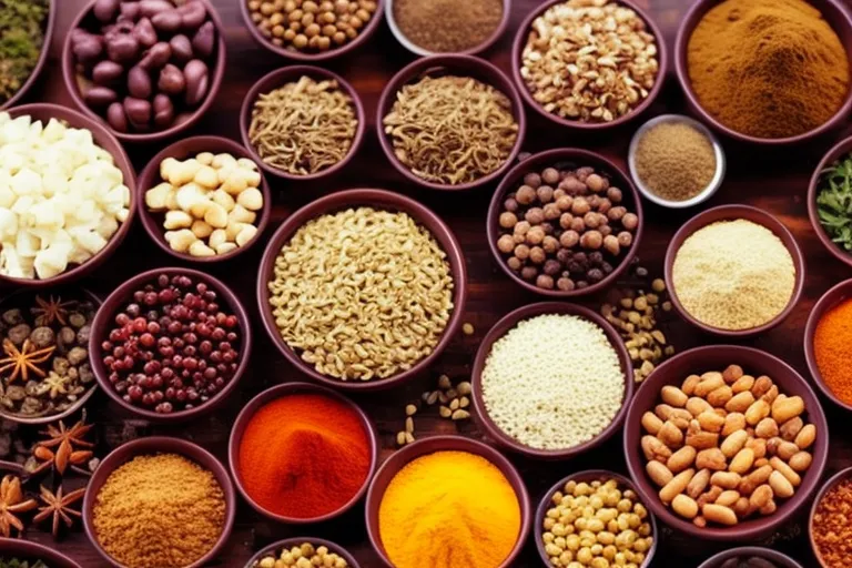 A colorful spread of various spices, herbs, and ingredients arranged in a beautiful pattern on a rustic wooden table.