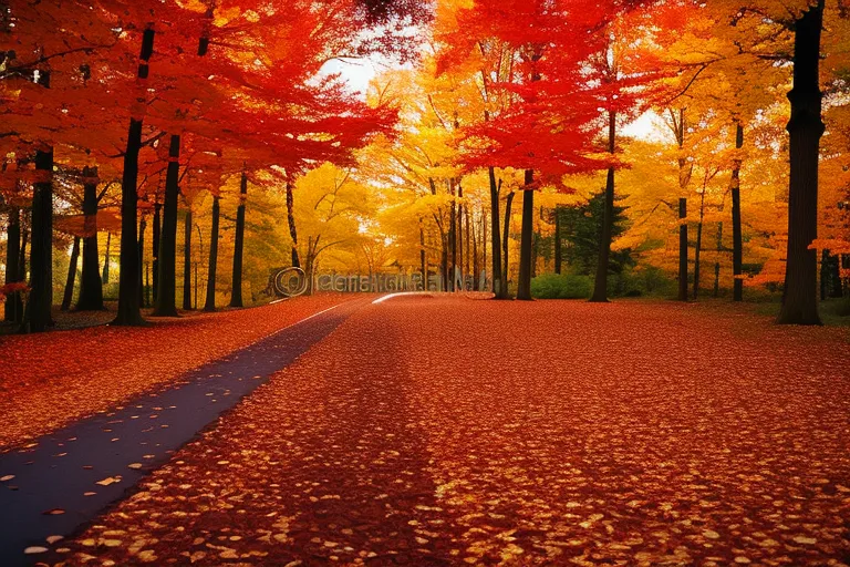 A colorful fall landscape with a winding path leading towards a towering structure in the distance. The trees are a mix of reds, oranges, and yellows, with fallen leaves scattered along the path.