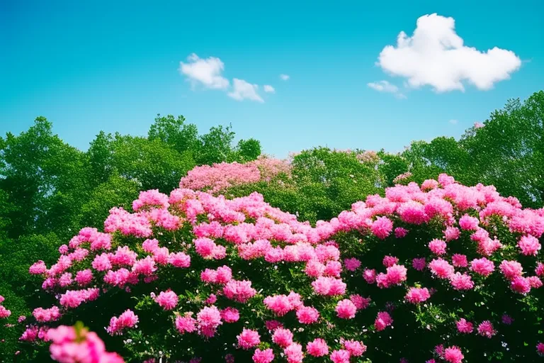 A vibrant burst of pink and white blossoms against a backdrop of lush greenery and a clear blue sky.