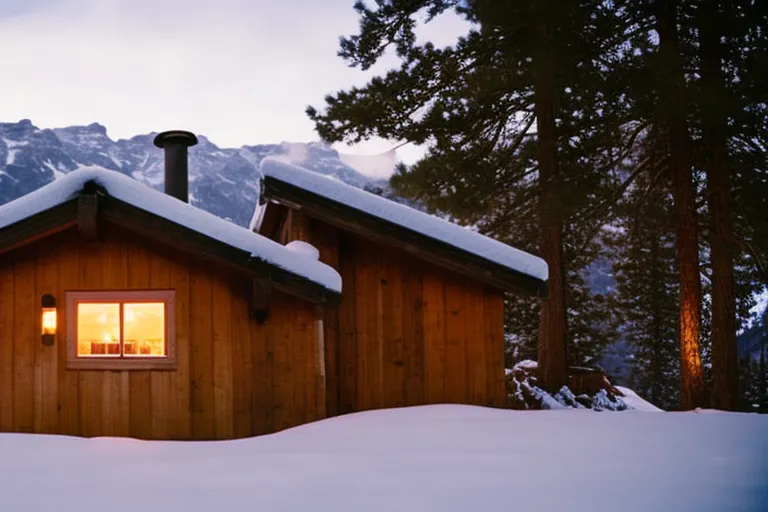 A mountainous landscape covered in a blanket of snow, featuring a traditional wooden cabin with smoke rising from its chimney in the distance.